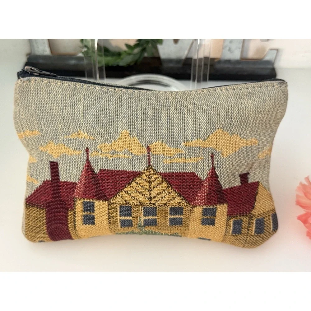Vintage Tapestry Row Houses‎ Embroidered Style Zippered Bag Makeup Pouch 7